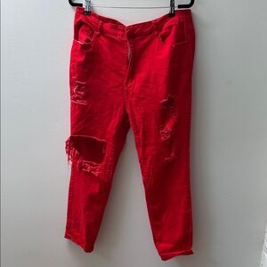 Stylish Red Distressed Women's Jeans